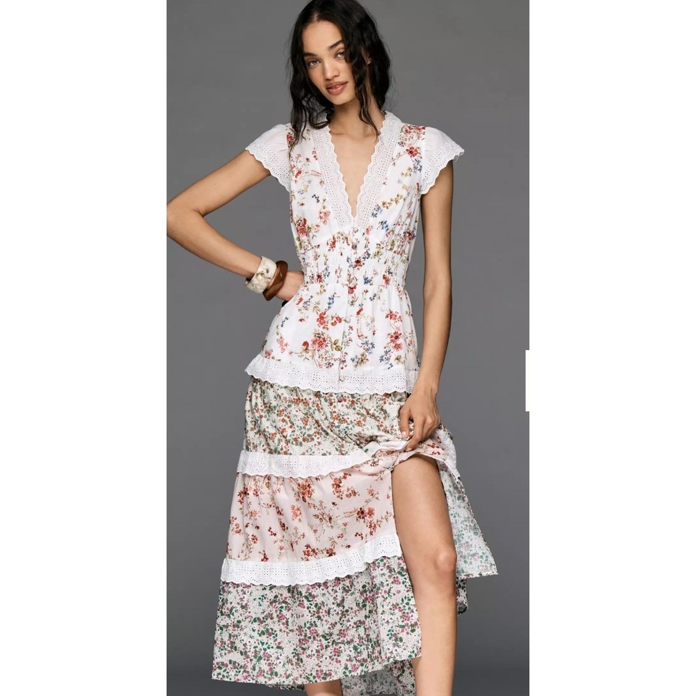 Anthropologie Peregrine Tiered Deco Midi Dress Medium Floral Boho Cottagecore - Picture 2 of 9
